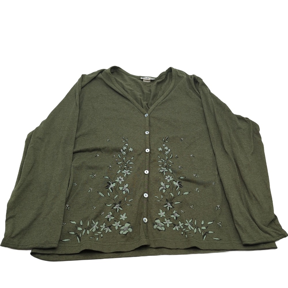 Two Twenty Loden Green Floral Embroidered Button Front Cardigan Top Large